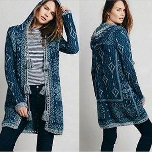 FREE PEOPLE Women's size L Kai Pom Pom tassel BoHo long cardigan sweater blue
